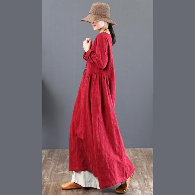 women red autumn linen dress oversized jacquard linen clothing dresses boutique tunic big hem caftans - Omychic