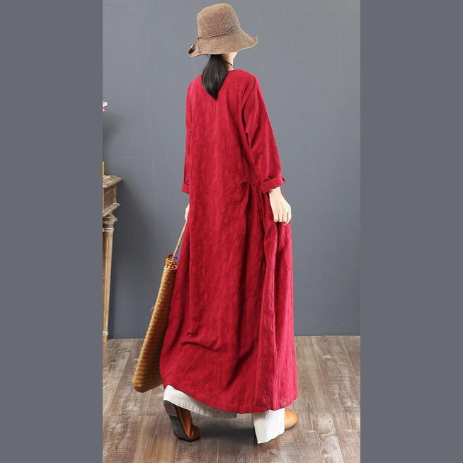women red autumn linen dress oversized jacquard linen clothing dresses boutique tunic big hem caftans - Omychic