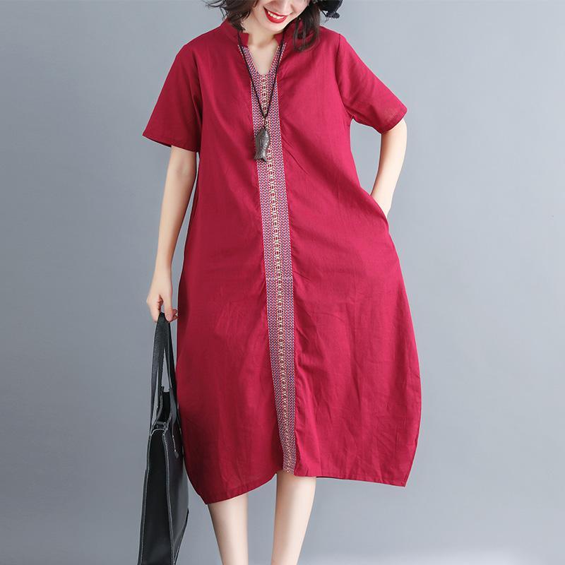 women red cotton linen dresses plus size v neck pockets cotton linen maxi dress Fine short sleeve embroideried fabric maxi dresses - Omychic