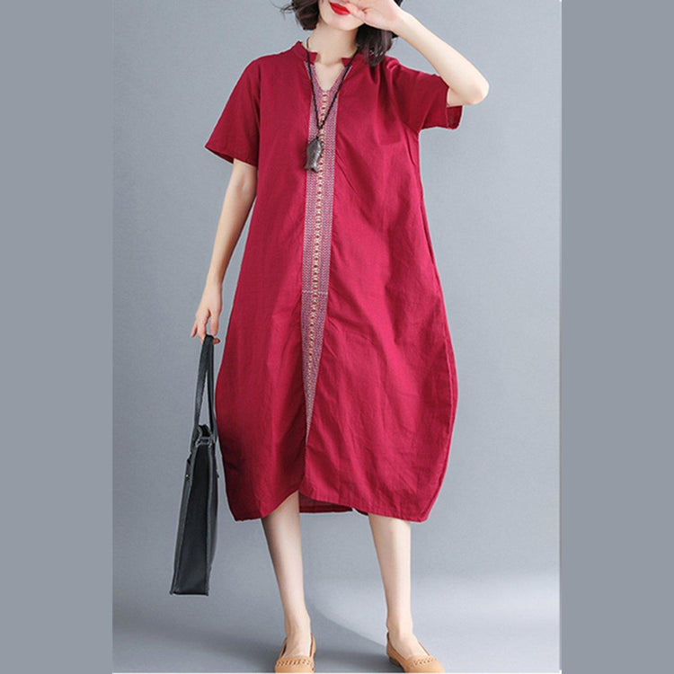 women red cotton linen dresses plus size v neck pockets cotton linen maxi dress Fine short sleeve embroideried fabric maxi dresses - Omychic