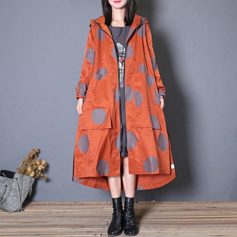 women red dotted coat for woman oversize long coats fall coat hooded pockets - Omychic