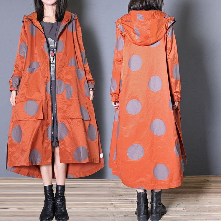 women red dotted coat for woman oversize long coats fall coat hooded pockets - Omychic