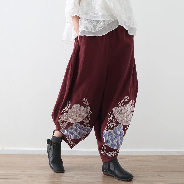 women red embroidery cotton linen pants loose vintage casual wide leg pants - Omychic