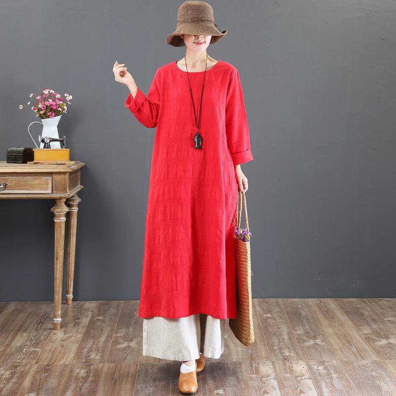 women red natural cotton dress  oversized o neck traveling dress casual long sleeve gown - Omychic