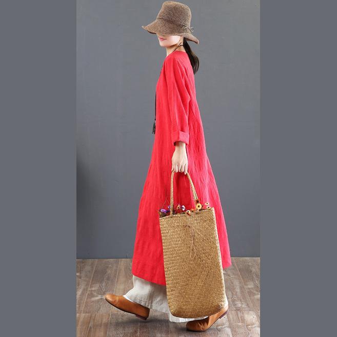 women red natural cotton dress  oversized o neck traveling dress casual long sleeve gown - Omychic