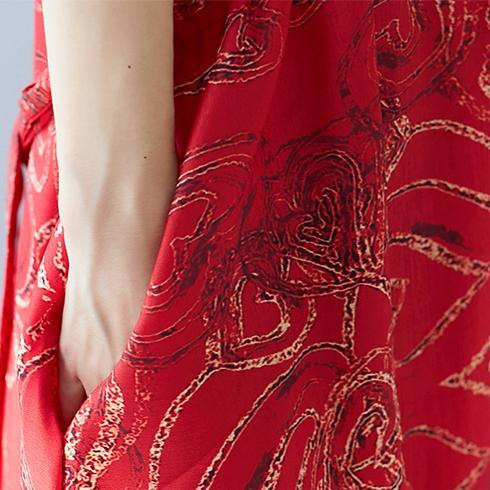 women red print long cotton linen dress casual O neck tie waist cotton linen clothing dress Elegant short sleeve baggy dresses - Omychic