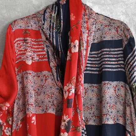 women red prints  pure silk dress casual silk clothing dresses vintage back open patchwork silk cotton dress - Omychic