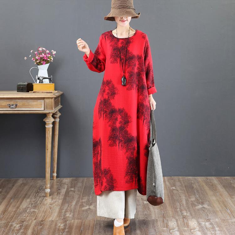 women red prints natural cotton dress  plus size o neck cotton clothing dresses vintage long sleeve kaftans - Omychic
