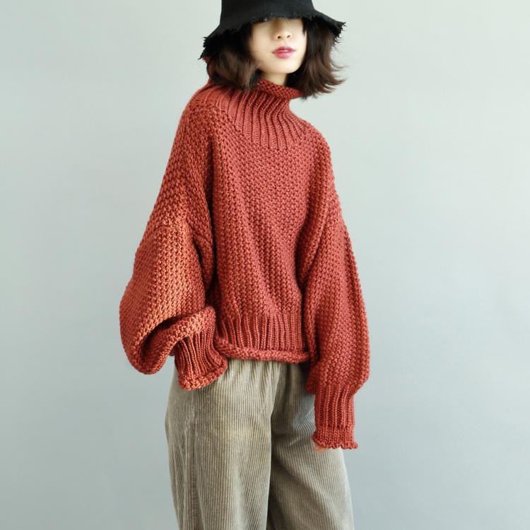 women red sweaters Loose fitting high neck knitted blouses casual fall blouse - Omychic