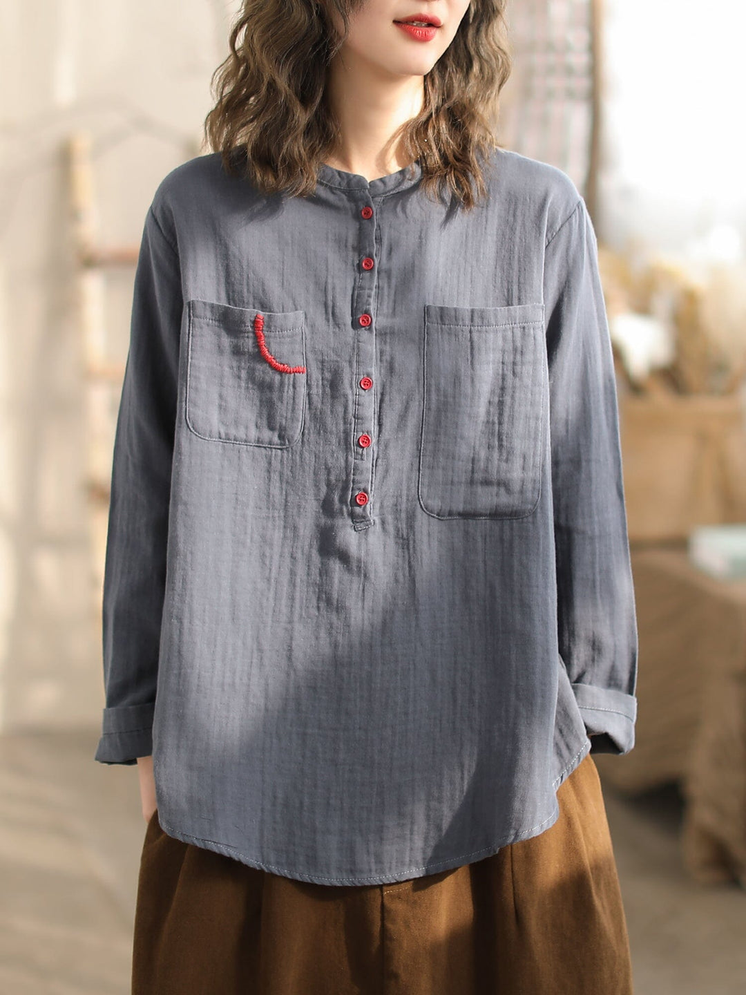 Women Retro Casual Spring Loose Cotton Blouse