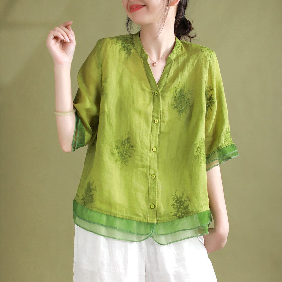 Women Retro Embroidery Loose Patchwork Blouse