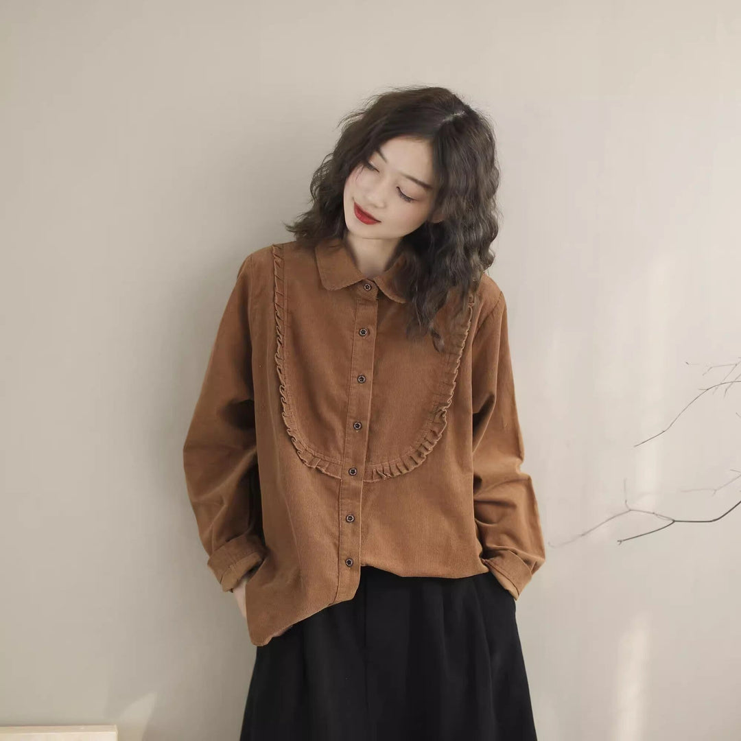 Women Retro Loose Corduroy Casual Blouse