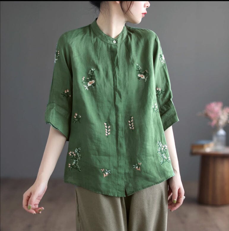 Women Retro Spring Embroidery Linen Loose Blouse