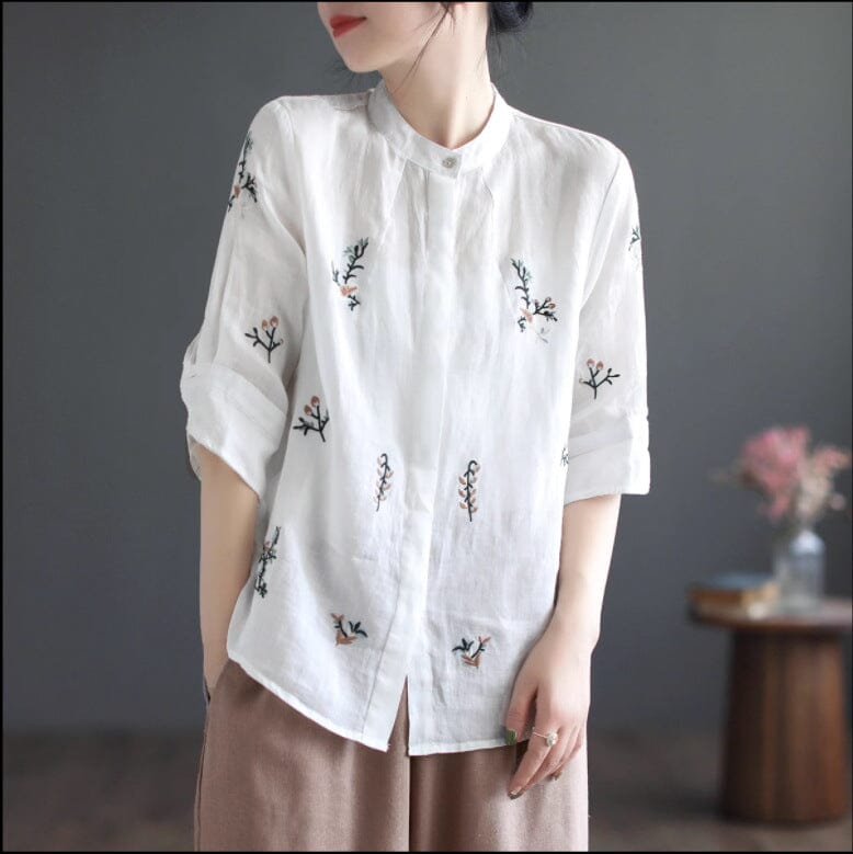 Women Retro Spring Embroidery Linen Loose Blouse