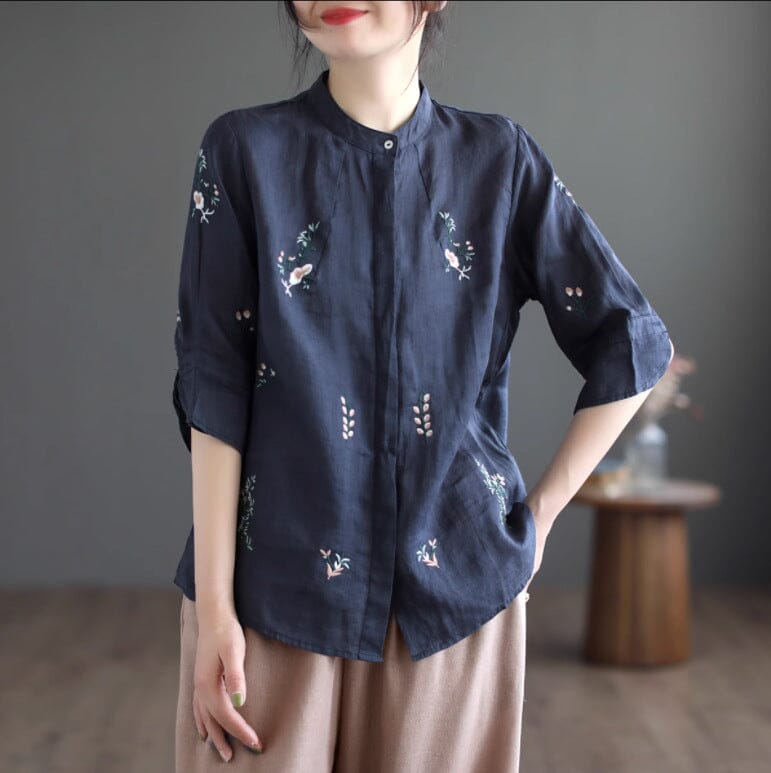 Women Retro Spring Embroidery Linen Loose Blouse