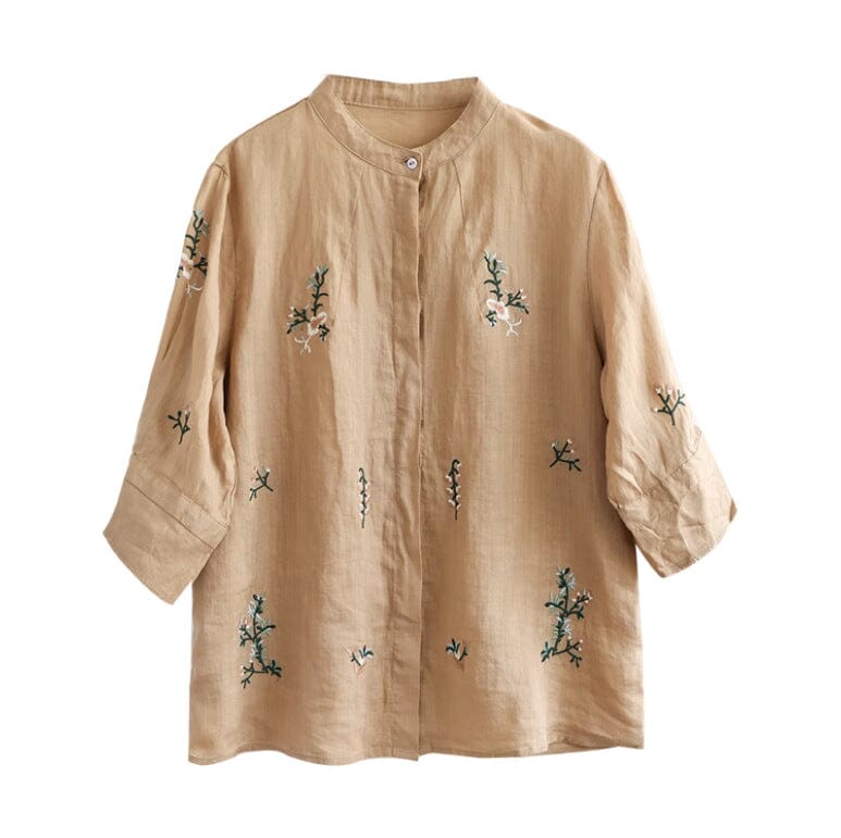 Women Retro Spring Embroidery Linen Loose Blouse