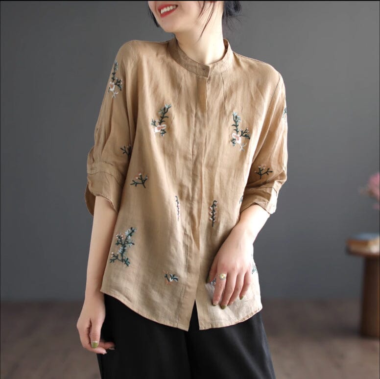 Women Retro Spring Embroidery Linen Loose Blouse