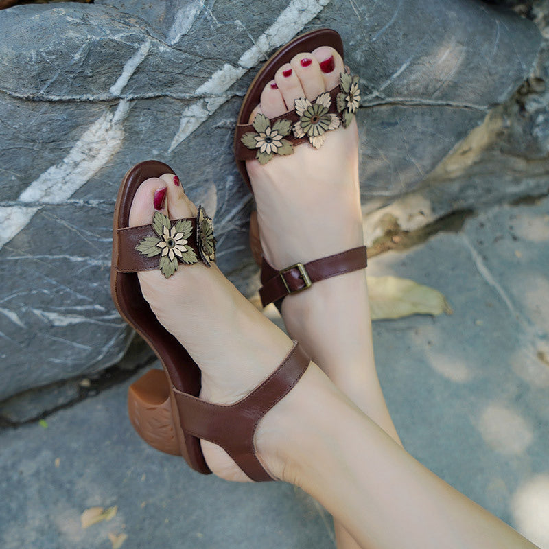 Retro Summer Floral Leather Wedge Sandals