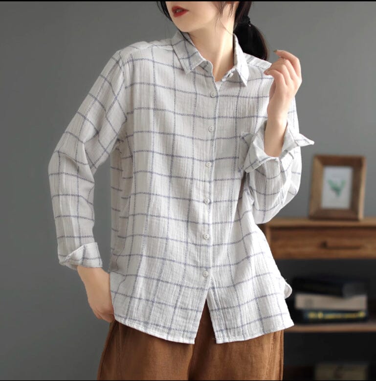 Women Spring Casual Cotton Plaid Loose Blouse