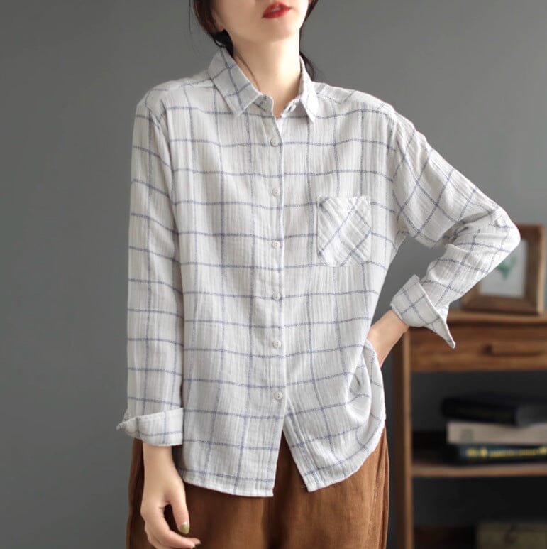 Women Spring Casual Cotton Plaid Loose Blouse