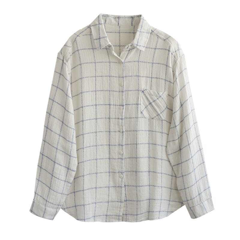 Women Spring Casual Cotton Plaid Loose Blouse