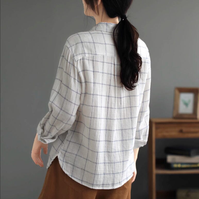 Women Spring Casual Cotton Plaid Loose Blouse