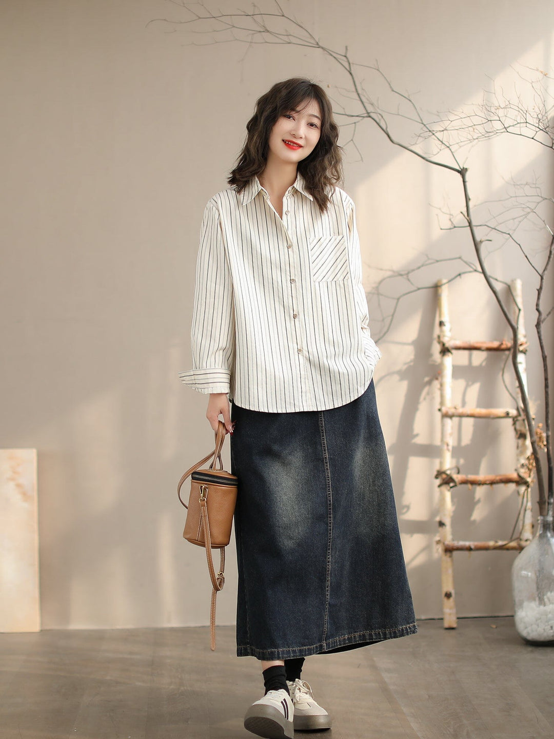 Women Spring Casual Cotton Stripe Loose Blouse