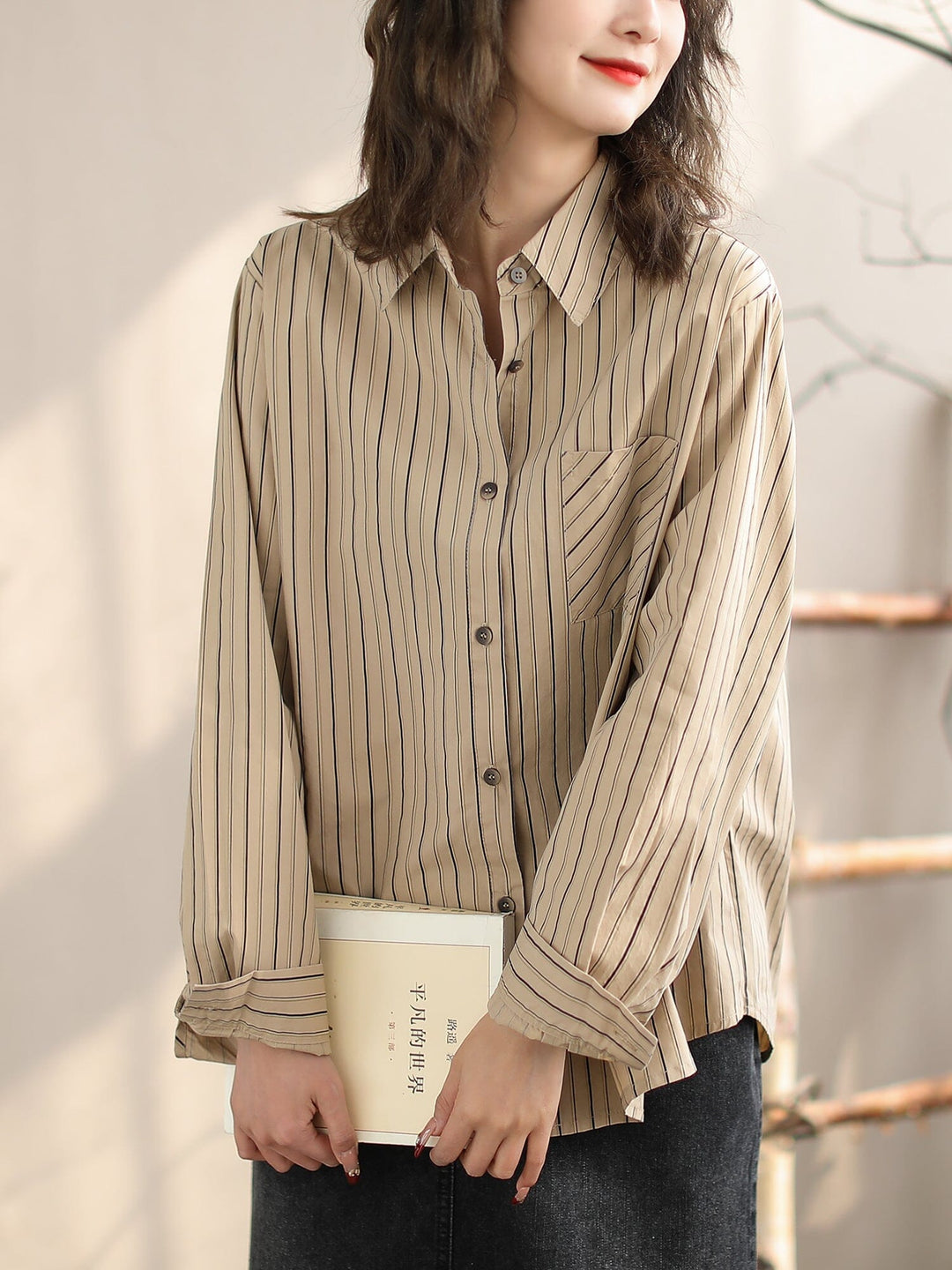 Women Spring Casual Cotton Stripe Loose Blouse