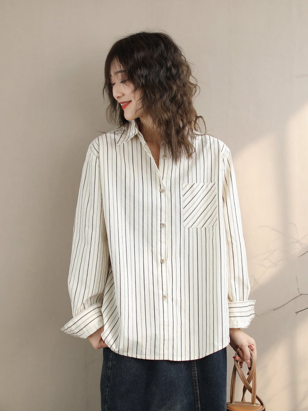 Women Spring Casual Cotton Stripe Loose Blouse