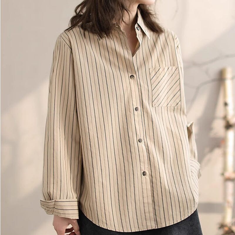 Women Spring Casual Cotton Stripe Loose Blouse