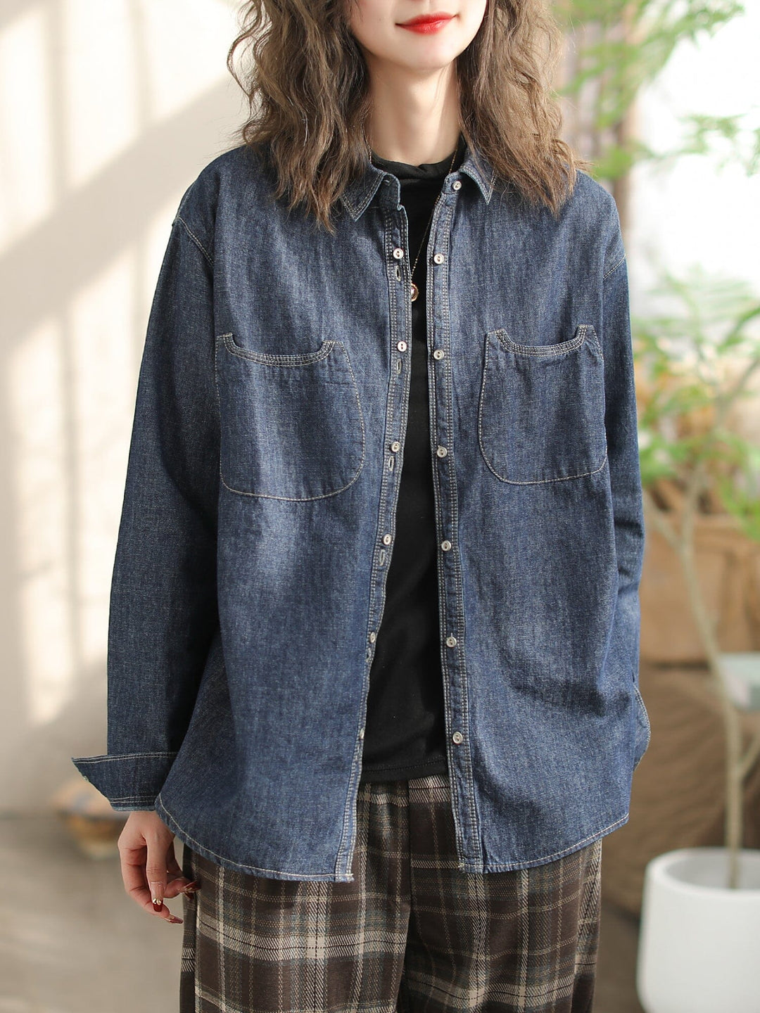 Women Spring Casual Long Sleeve Cotton Denim Blouse