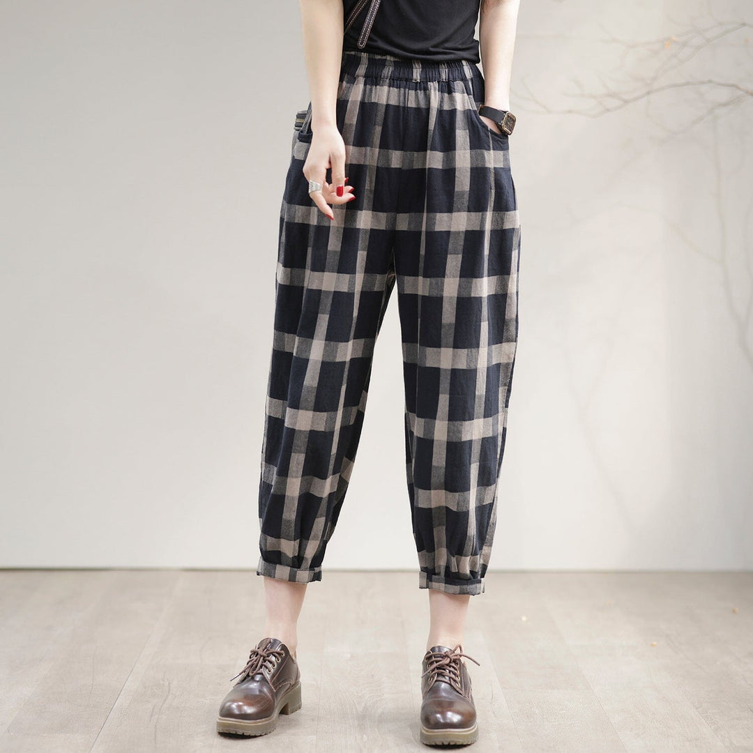 Women Spring Casual Loose Cotton Plaid Harem Pants