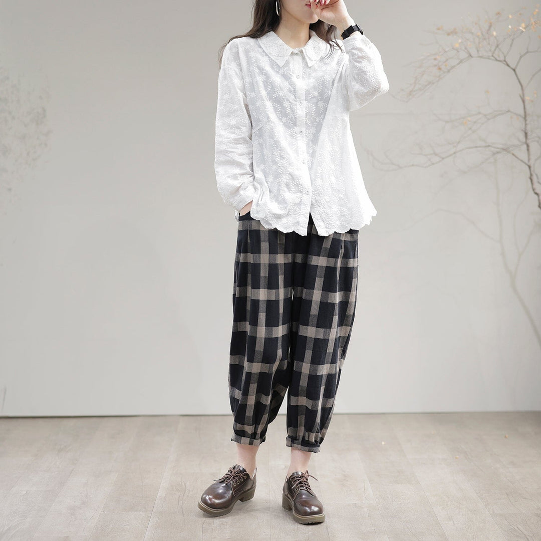 Women Spring Casual Loose Cotton Plaid Harem Pants