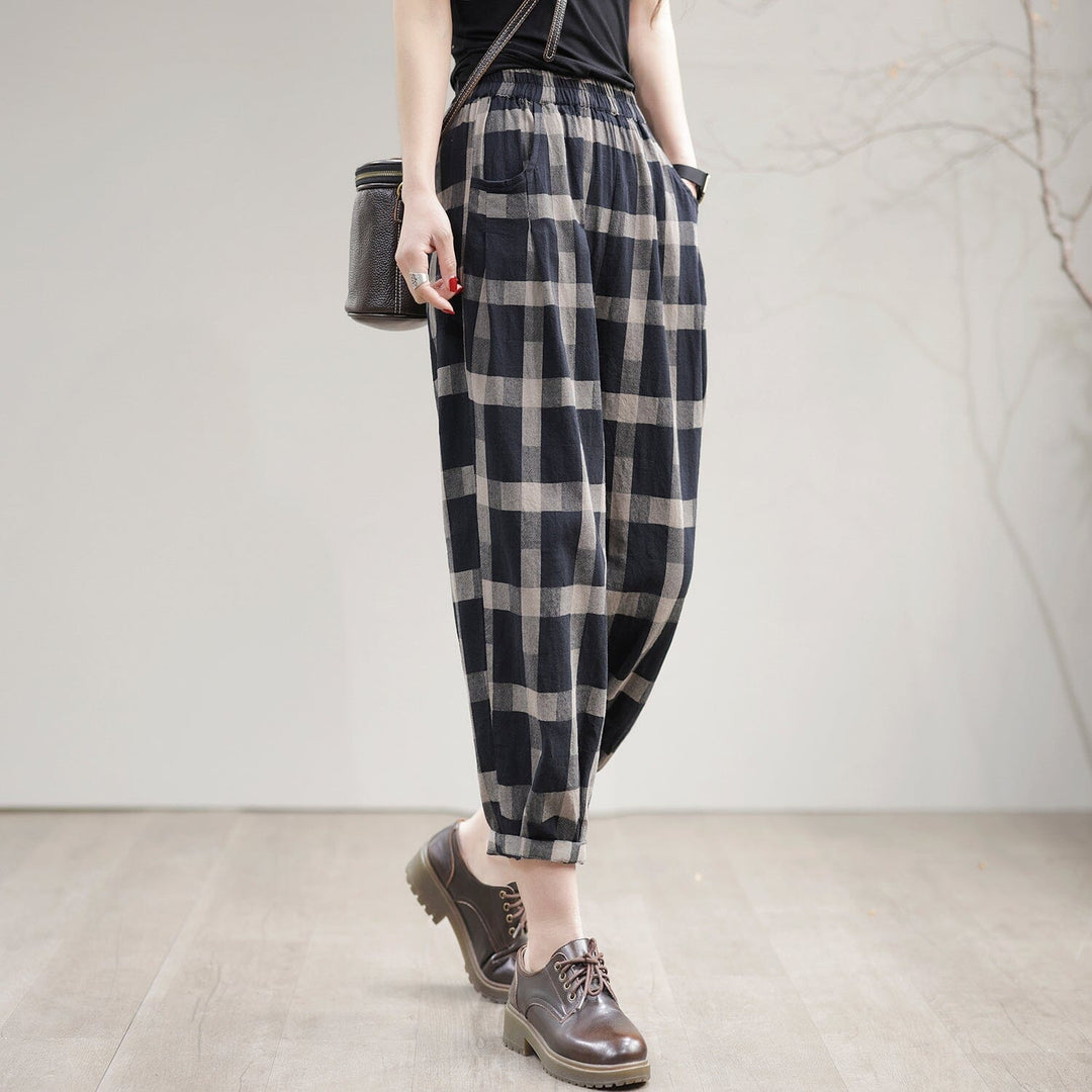 Women Spring Casual Loose Cotton Plaid Harem Pants