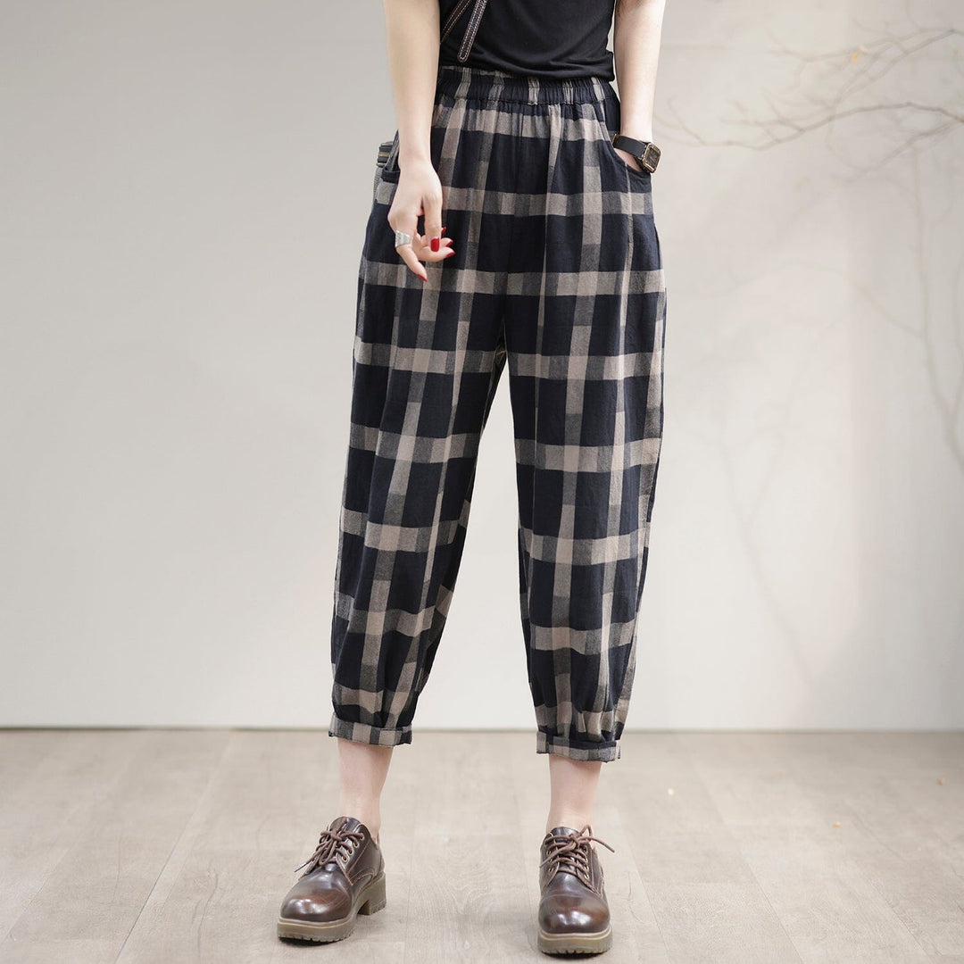 Women Spring Casual Loose Cotton Plaid Harem Pants