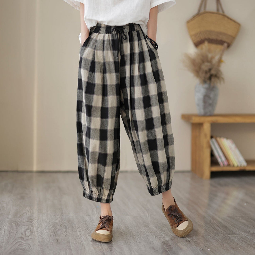 Women Spring Casual Loose Plaid Harem Pants