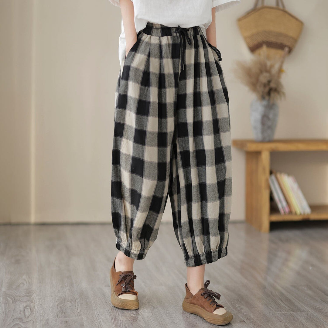 Women Spring Casual Loose Plaid Harem Pants