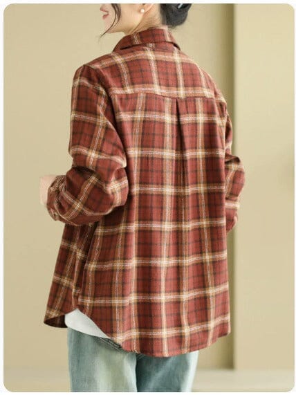 Women Spring Casual Plaid Cotton Blouse