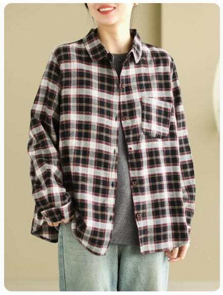 Women Spring Casual Plaid Cotton Blouse