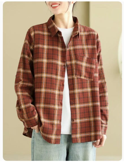 Women Spring Casual Plaid Cotton Blouse