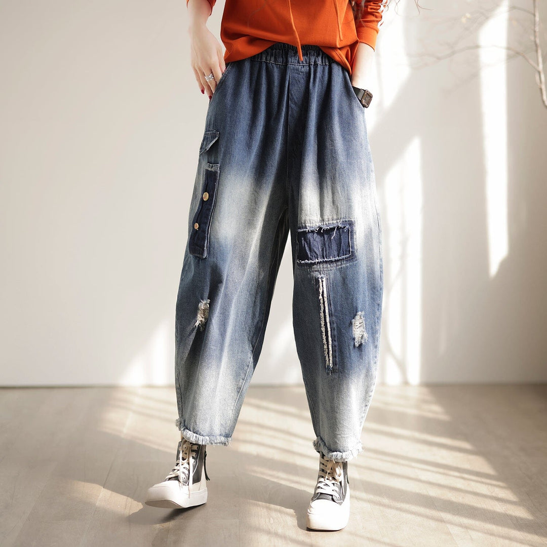 Women Spring Casual Ripped Patchwork Jeans