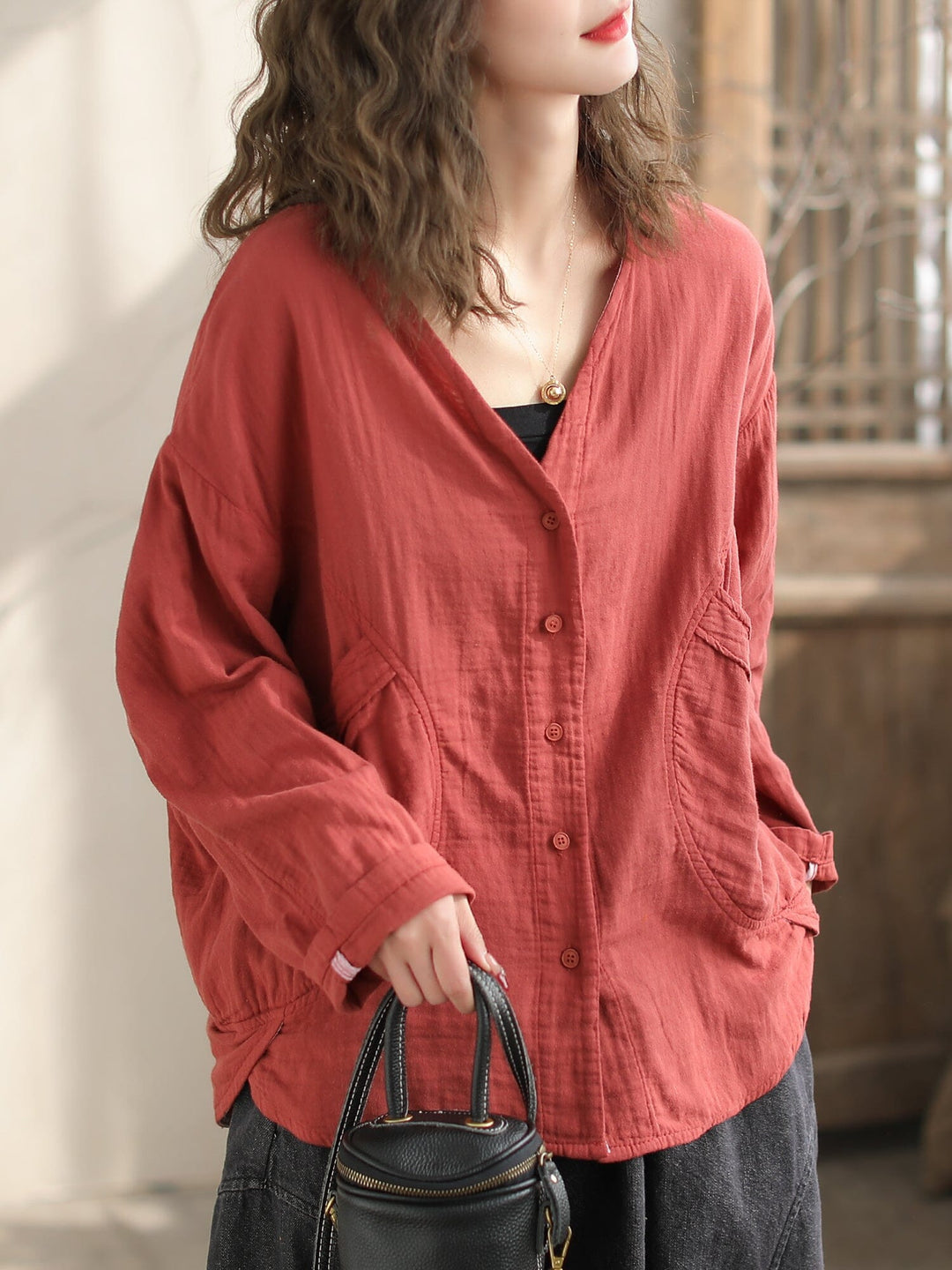 Women Spring Casual V-Neck Cotton Loose Blouse