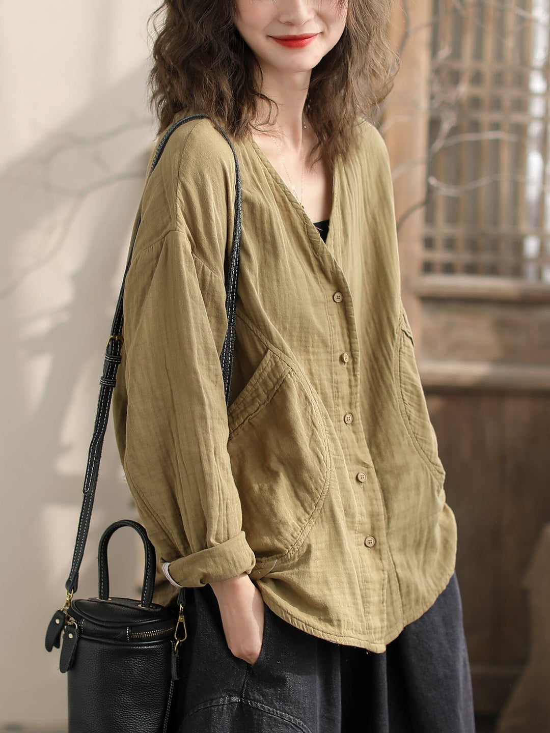 Women Spring Casual V-Neck Cotton Loose Blouse