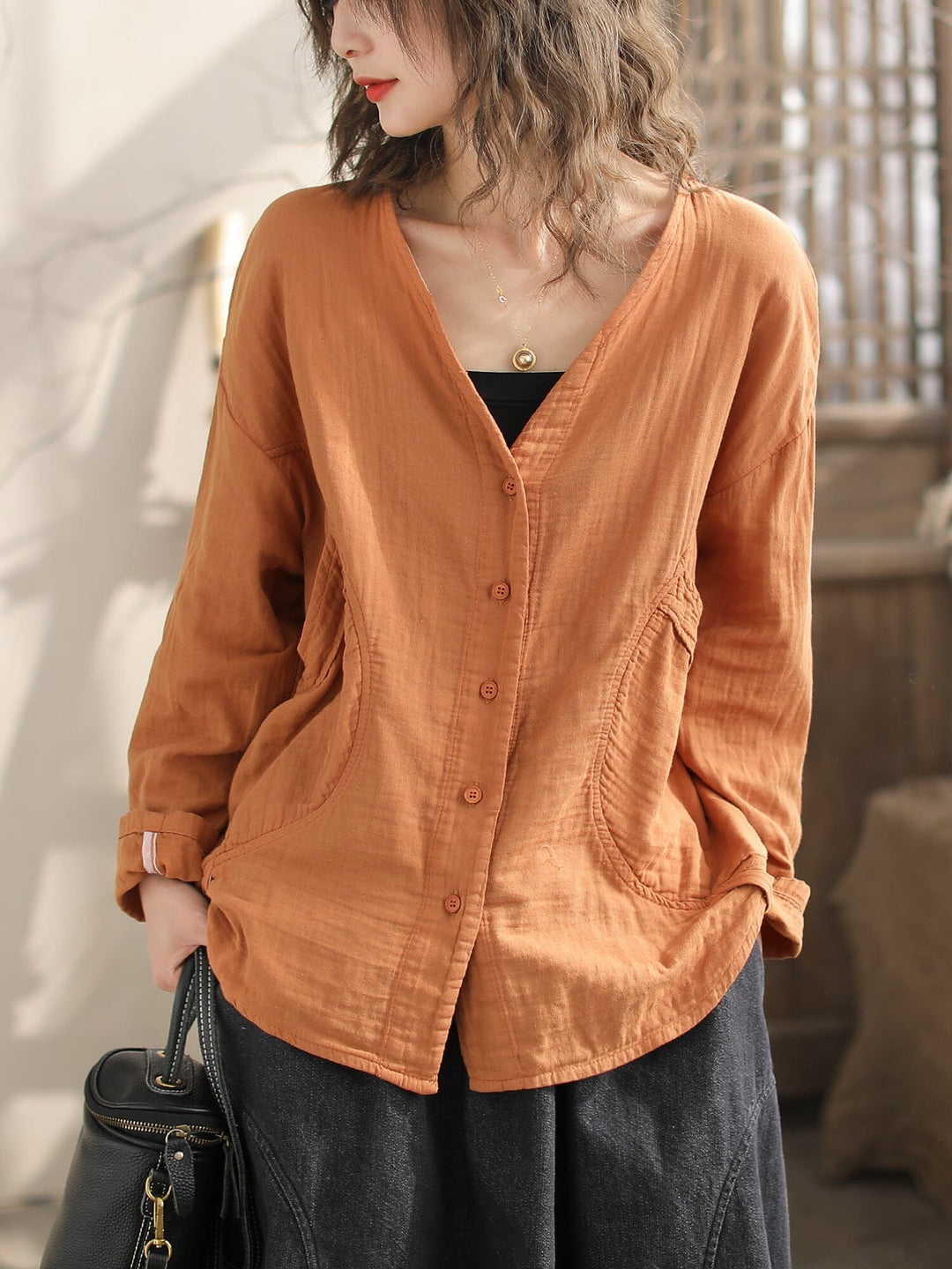 Women Spring Casual V-Neck Cotton Loose Blouse