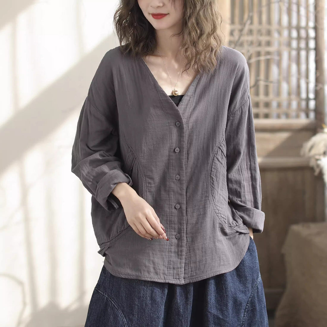 Women Spring Casual V-Neck Cotton Loose Blouse