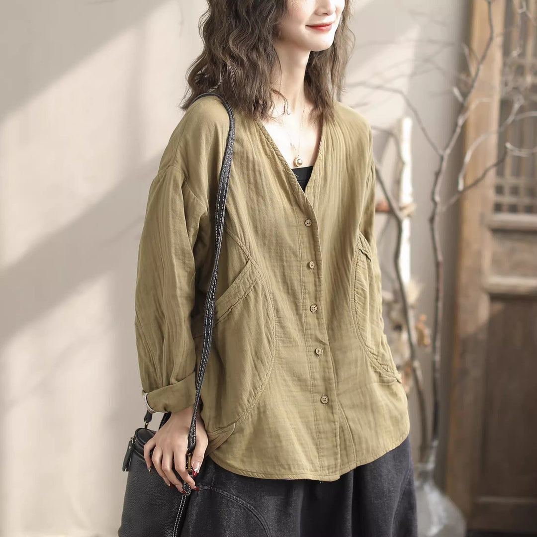 Women Spring Casual V-Neck Cotton Loose Blouse