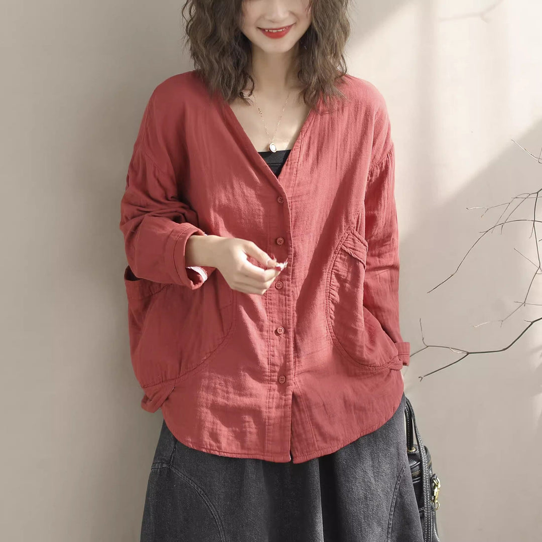 Women Spring Casual V-Neck Cotton Loose Blouse