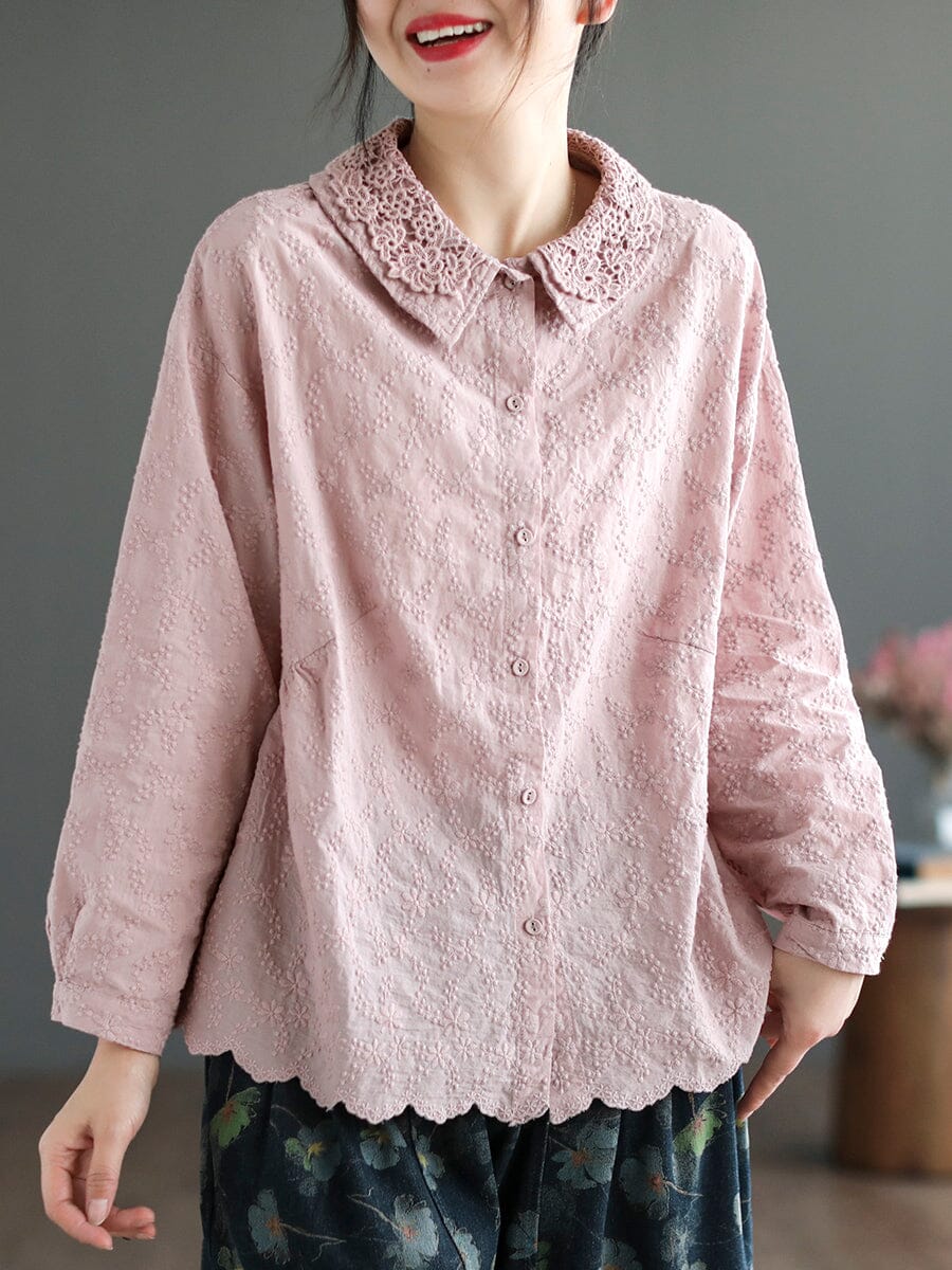 Women Spring Retro Embroidery Double Layers Blouse