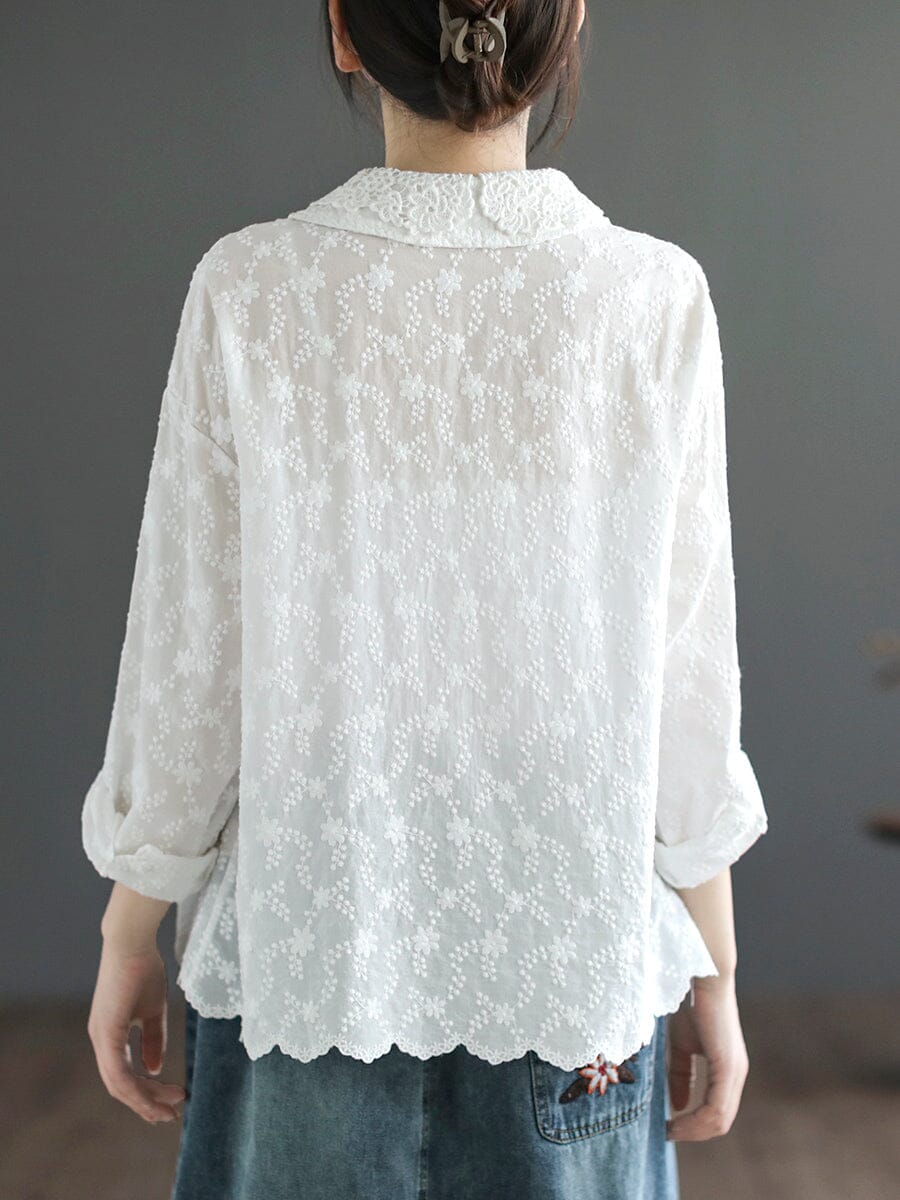 Women Spring Retro Embroidery Double Layers Blouse