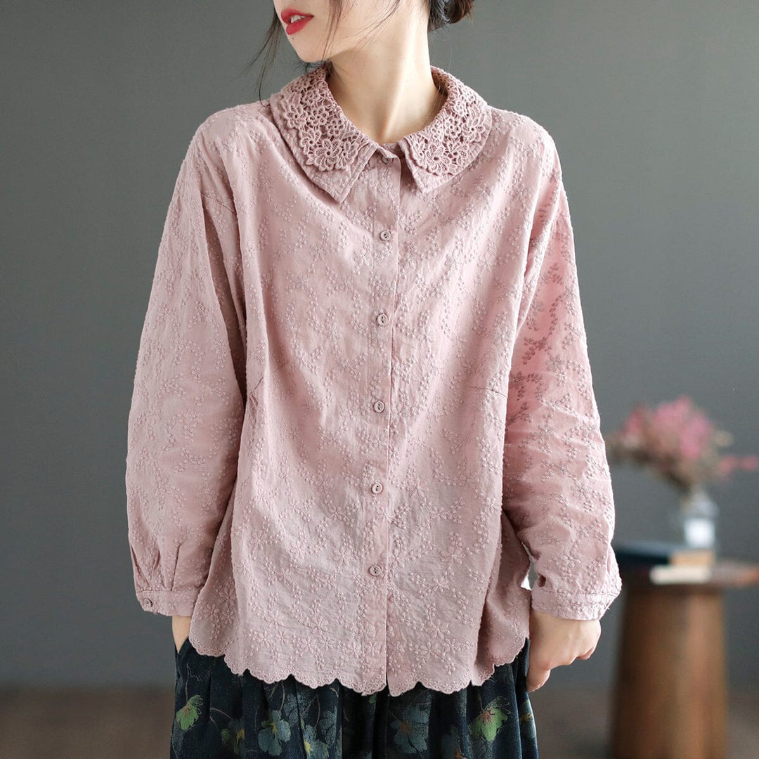 Women Spring Retro Embroidery Double Layers Blouse